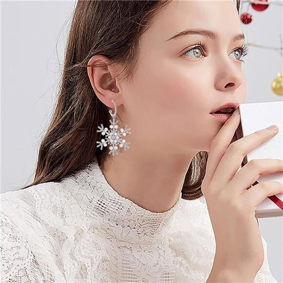 Pearl Snowflake Diamond Stud Silver Dainty Luxury Winter Christmas Mini Earrings - Picture 2 of 8